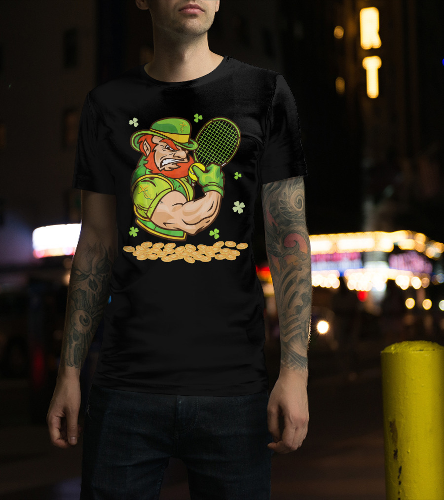 Leprechaun Playing Tennis With Shamrocks And Gold Coins T-Shirt