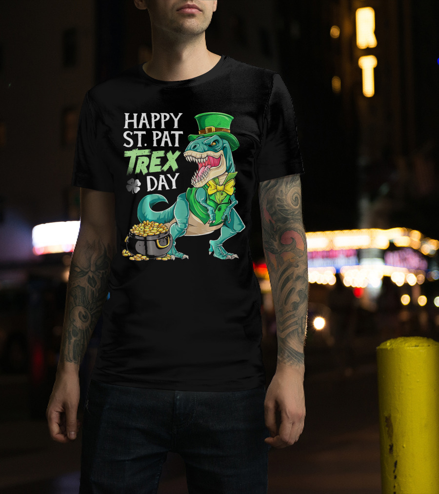 Happy St Pat Trex Day Leprechaun Dinosaur With Pot Of Gold And Clover T-Shirt