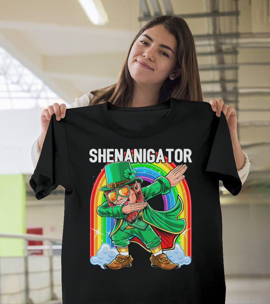 SHENANIGATOR Dabbing Leprechaun Rainbow T-Shirt