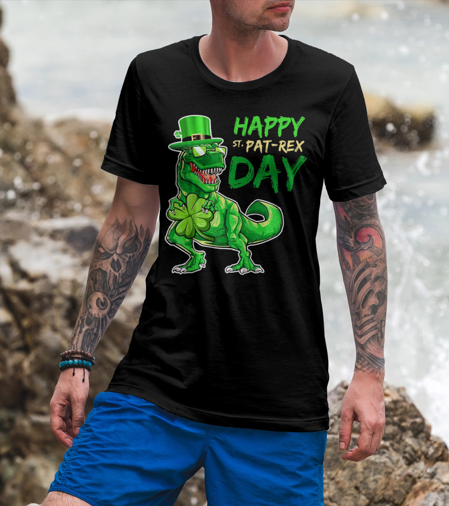 Happy St Pat Rex Day Saint Patricks Day Dinosaur With Shamrock And Green Hat T-Shirt