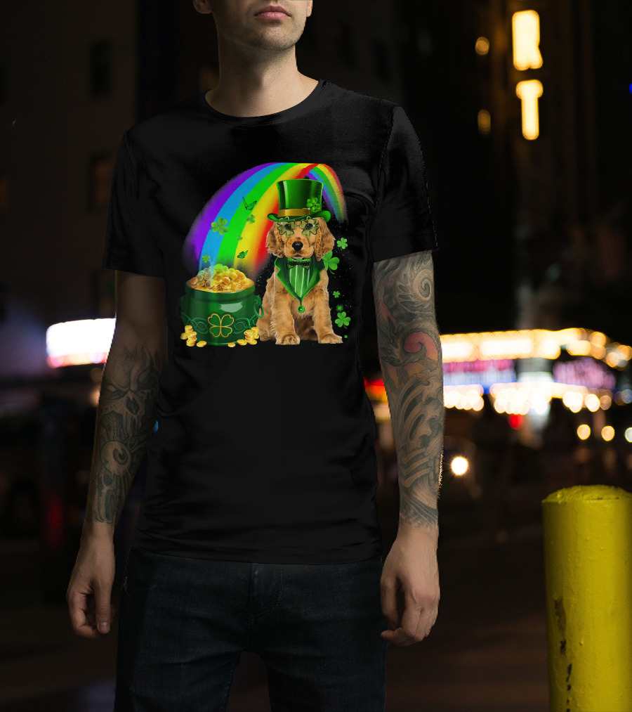 Cocker Spaniel Dog Wearing Irish Leprechaun Hat With Gold Coins And Rainbow T-Shirt