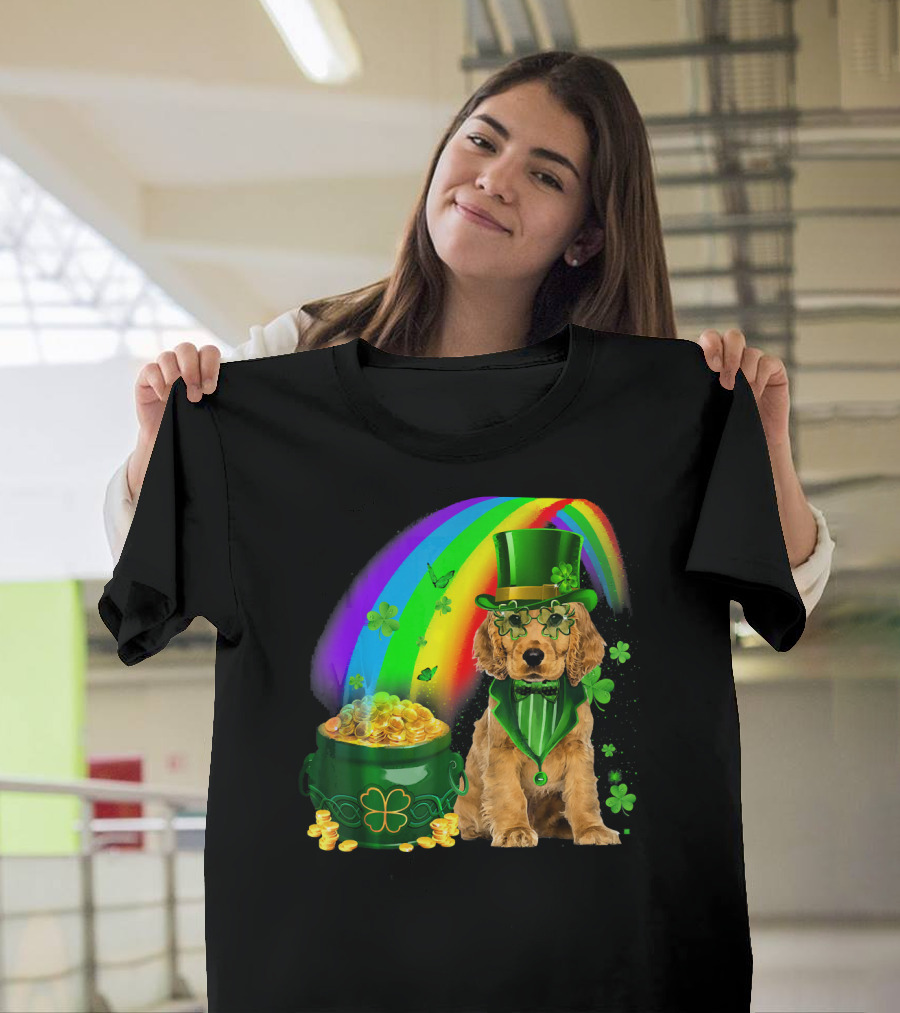 Cocker Spaniel Dog Wearing Irish Leprechaun Hat with Gold Coins and Rainbow T-Shirt