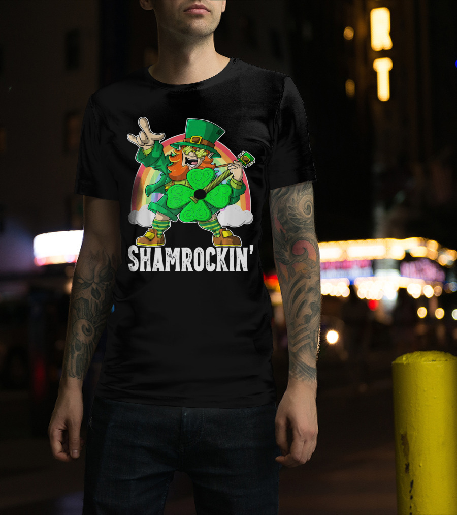 Shamrockin' Leprechaun Rainbow Guitar T-Shirt