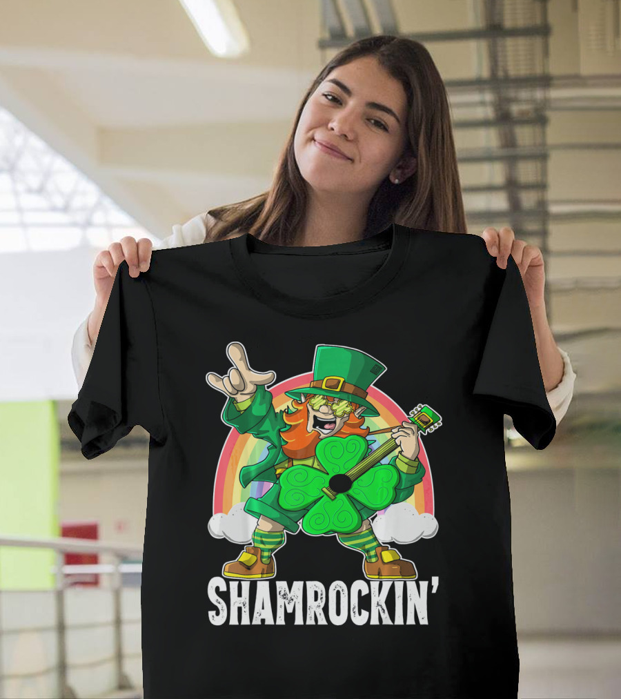 Shamrockin' Leprechaun Rainbow Guitar T-Shirt