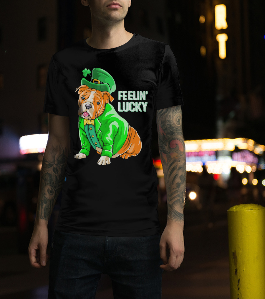 Feelin' Lucky Bulldog In Green Leprechaun T-Shirt