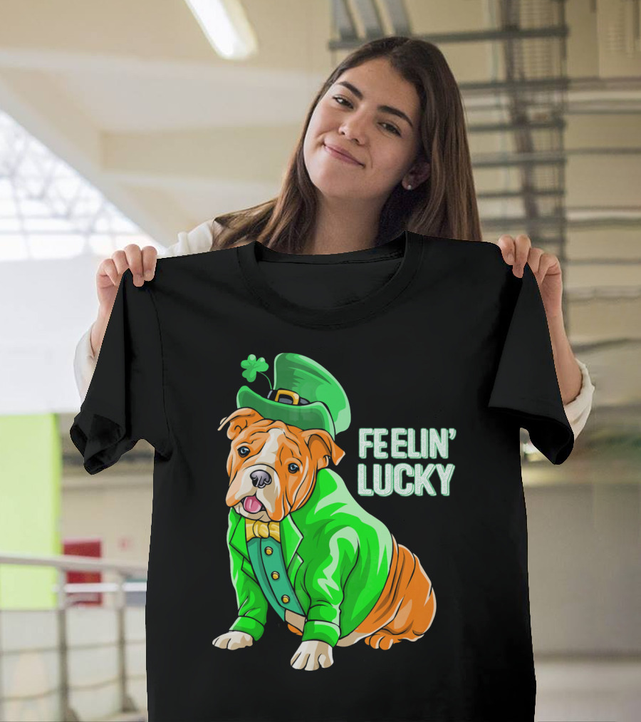 Feelin' Lucky Bulldog In Green Leprechaun T-Shirt