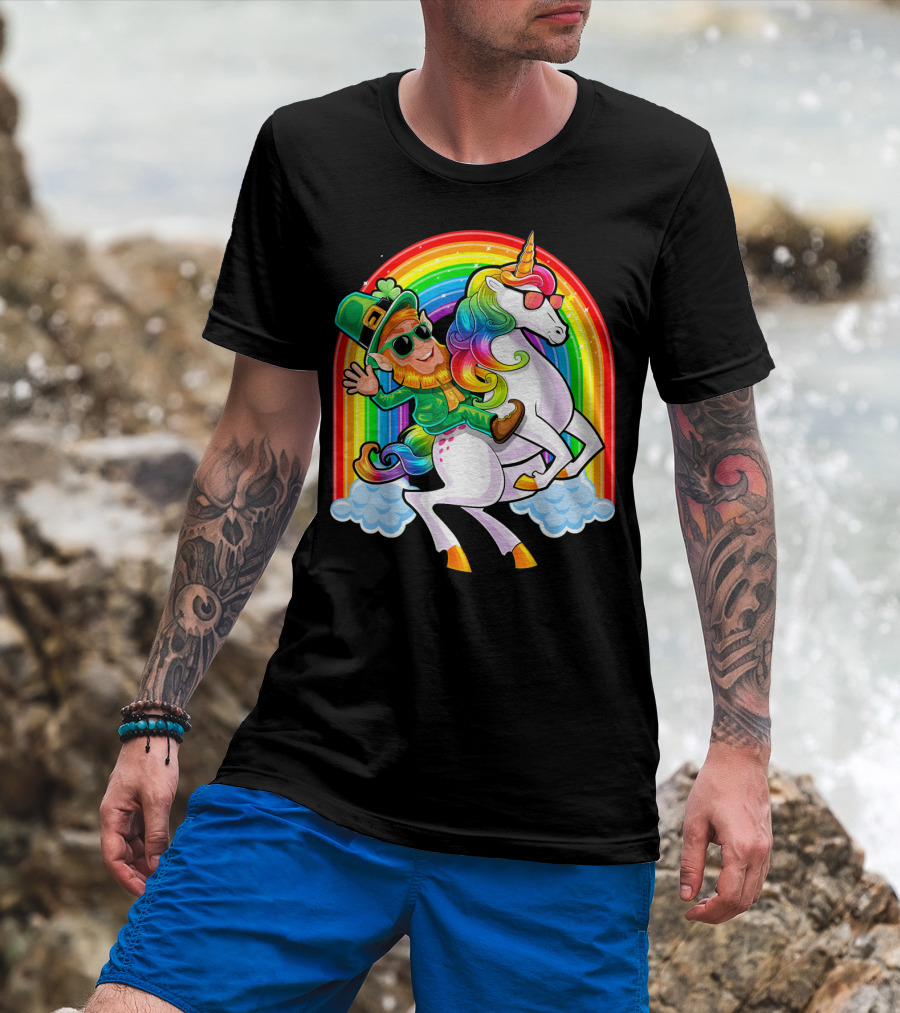St Patricks Day Rainbow Unicorn And Leprechaun Riding Clouds T-Shirt