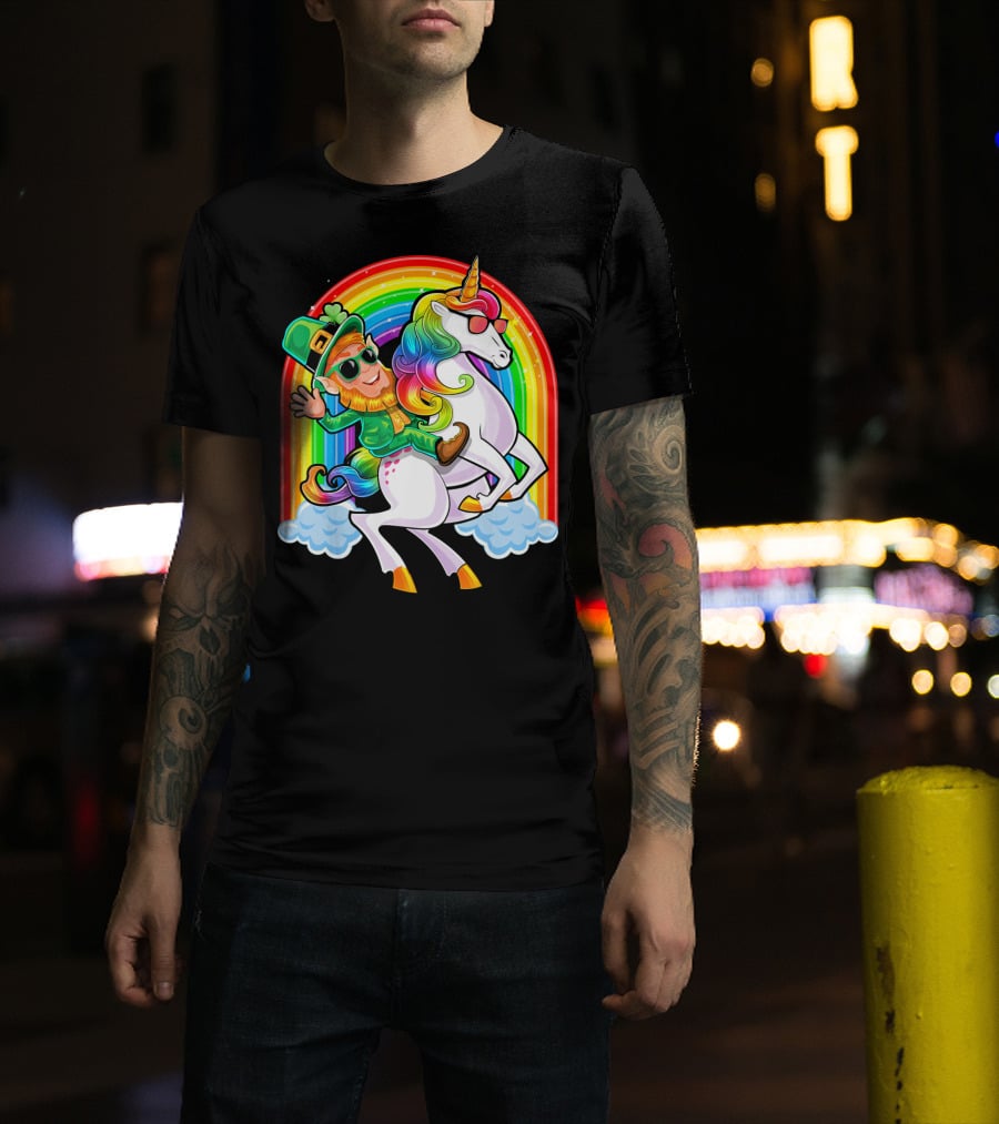 St Patricks Day Rainbow Unicorn And Leprechaun Riding Clouds T-Shirt