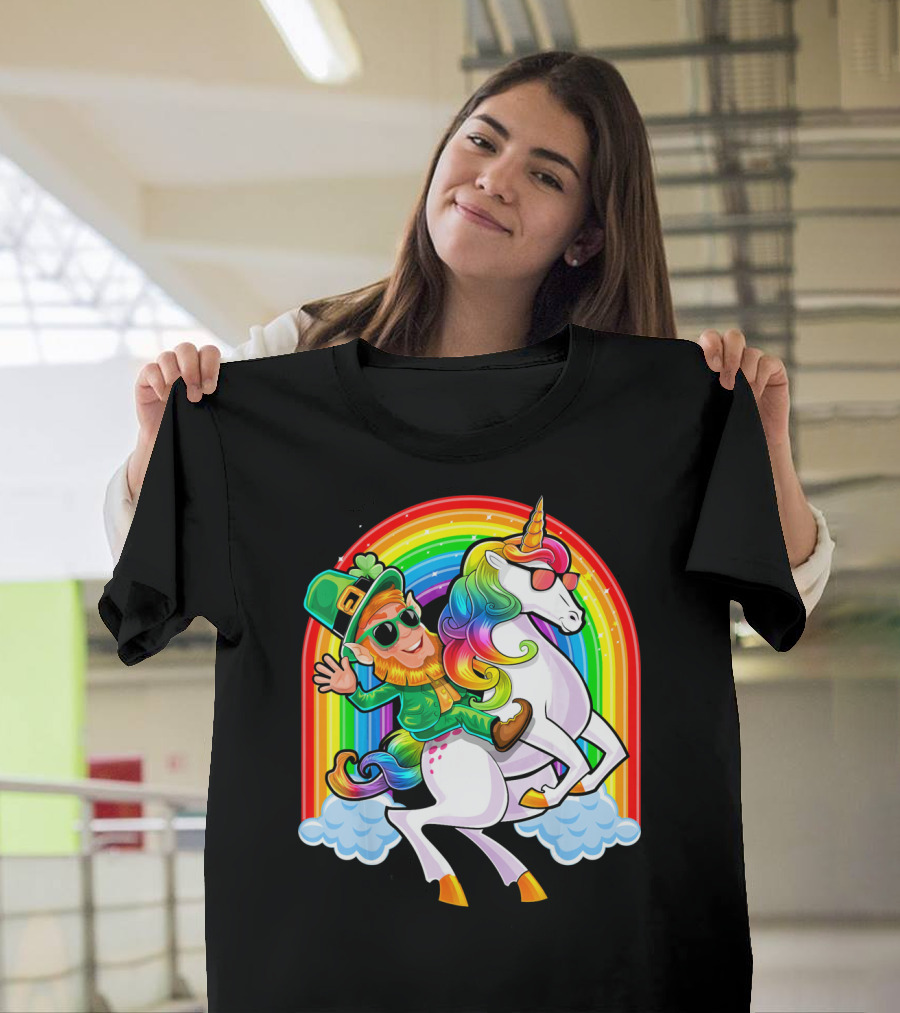 St Patricks Day Rainbow Unicorn and Leprechaun Riding Clouds T-Shirt
