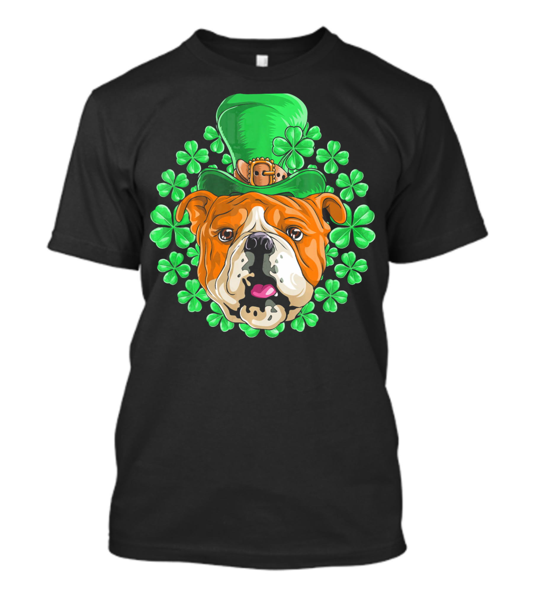 English Bulldog In Leprechaun Hat With Clover Background T-Shirt