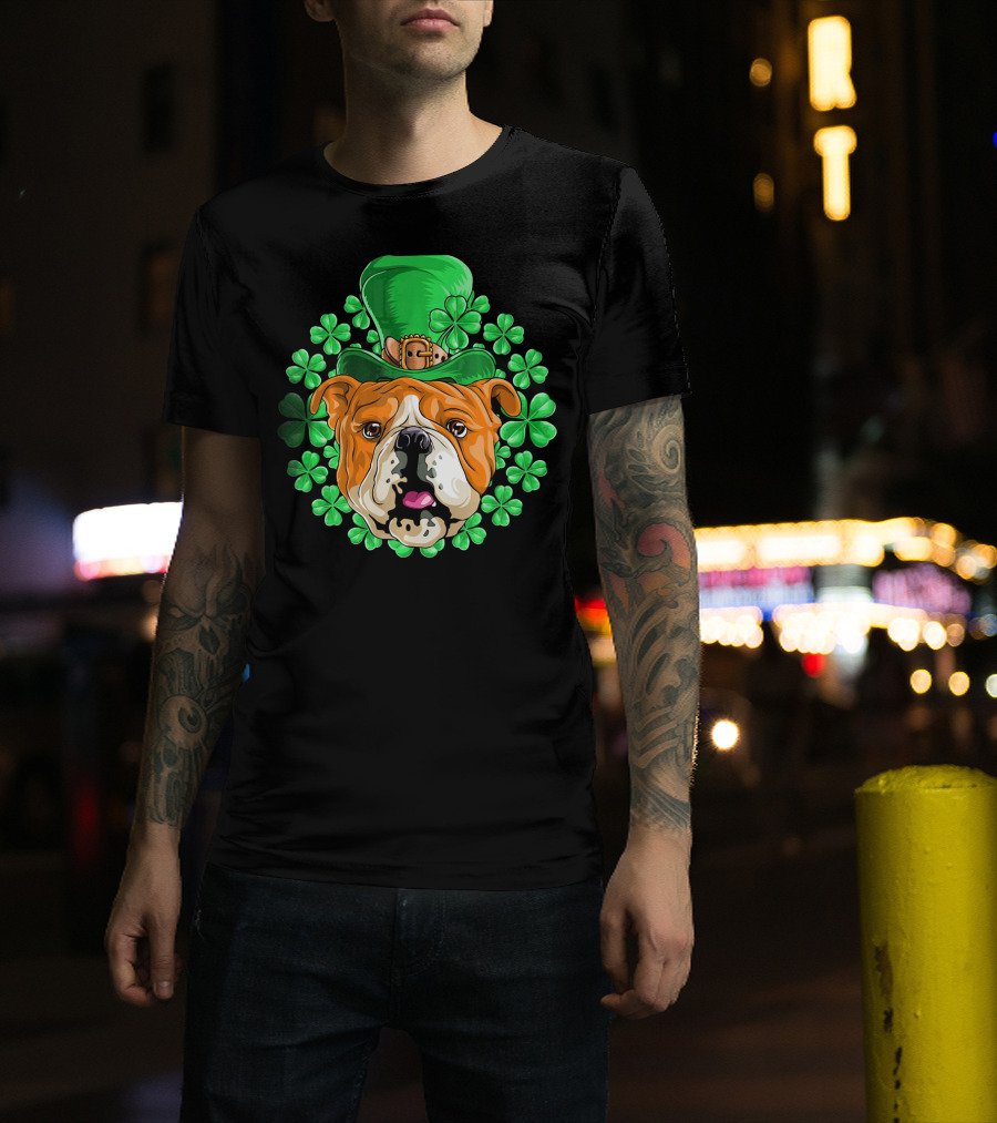 English Bulldog In Leprechaun Hat With Clover Background T-Shirt