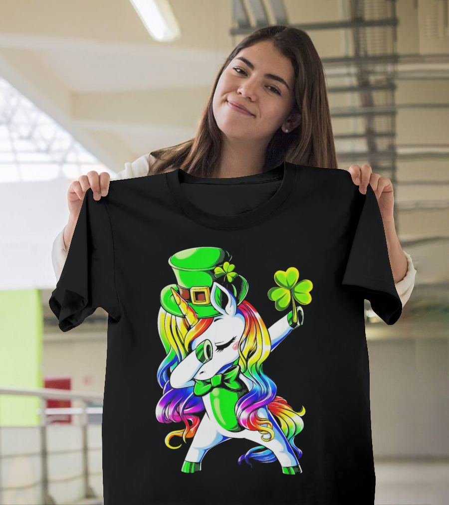 Dabbing Unicorn With Rainbow Mane And Shamrock Hat T-Shirt