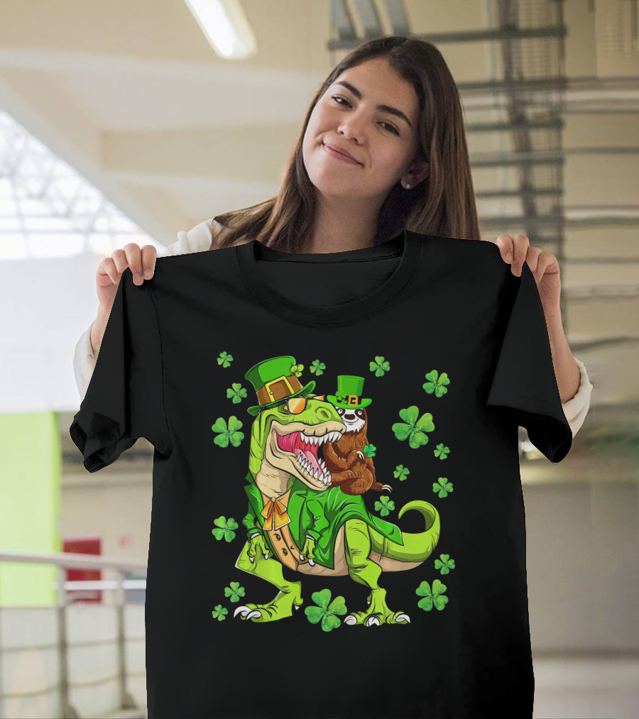 Leprechaun Sloth with Shamrocks Riding Dinosaur Rex in Green Attire T-Shirt