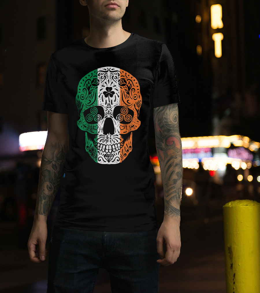 Irish Flag Sugar Skull Shamrock St Patricks T-Shirt
