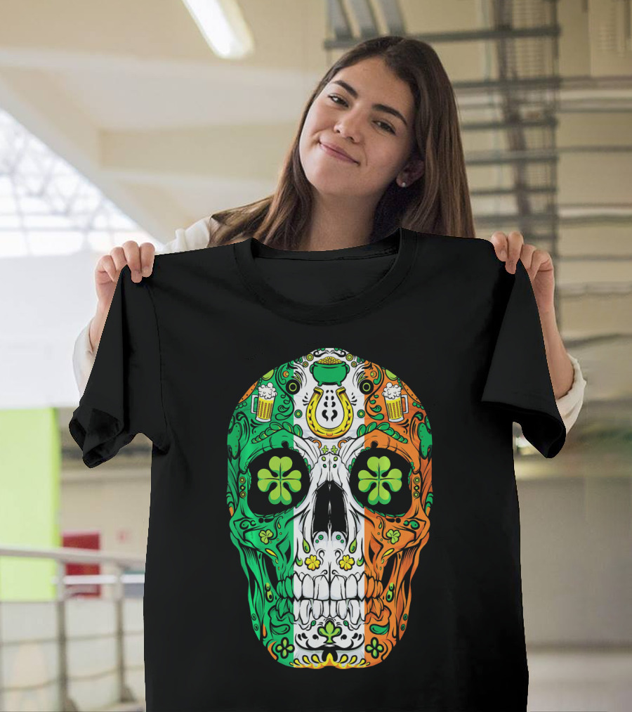 Sugar Skull Irish Leprechaun Shamrock St Patrick's Day T-Shirt