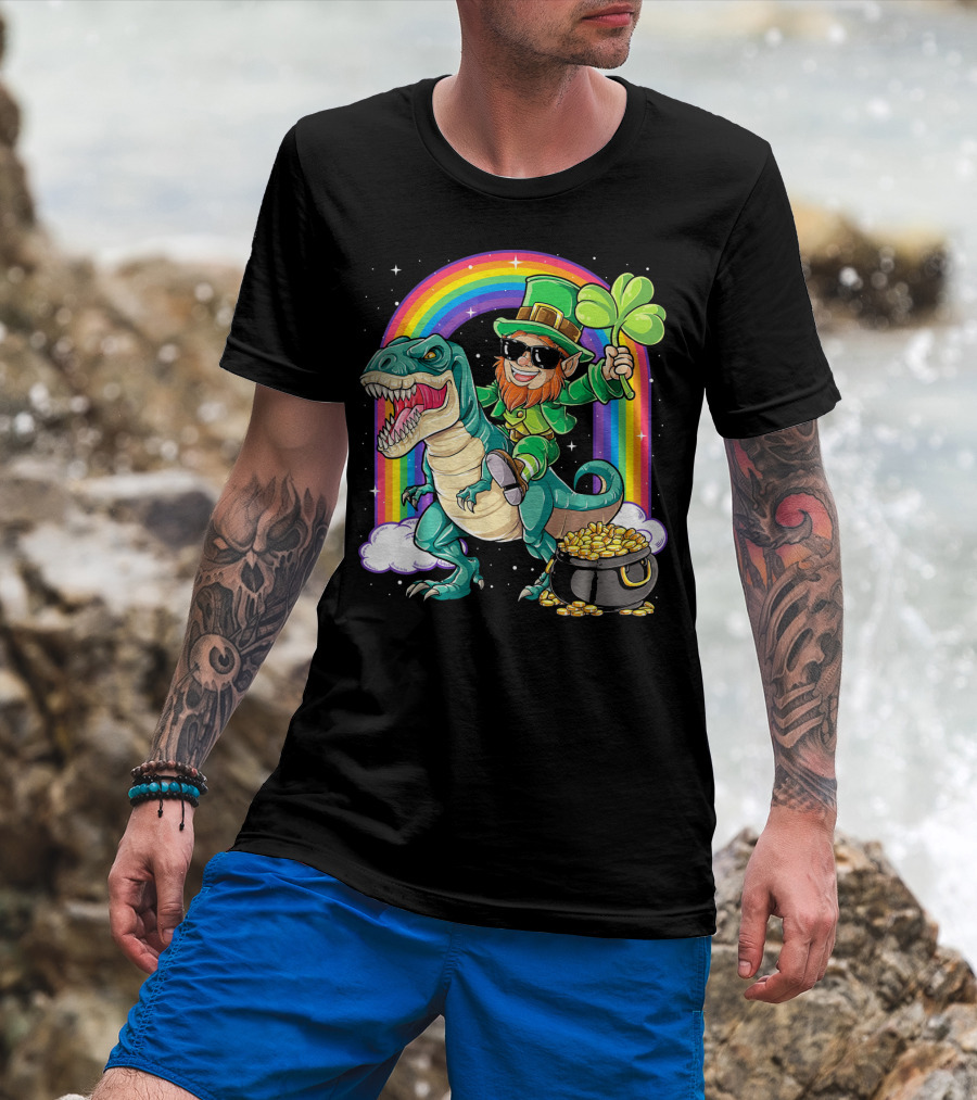 Leprechaun Riding Dinosaur T-Rex Shamrock Rainbow Pot Of Gold St Pat's Day T-Shirt
