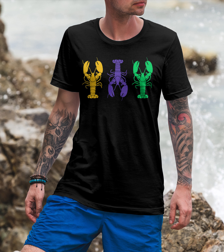 Mardi Gras Yellow Purple Green Crayfish Lobsters T-Shirt