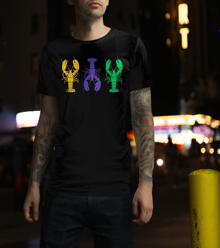 Mardi Gras Yellow Purple Green Crayfish Lobsters T-Shirt