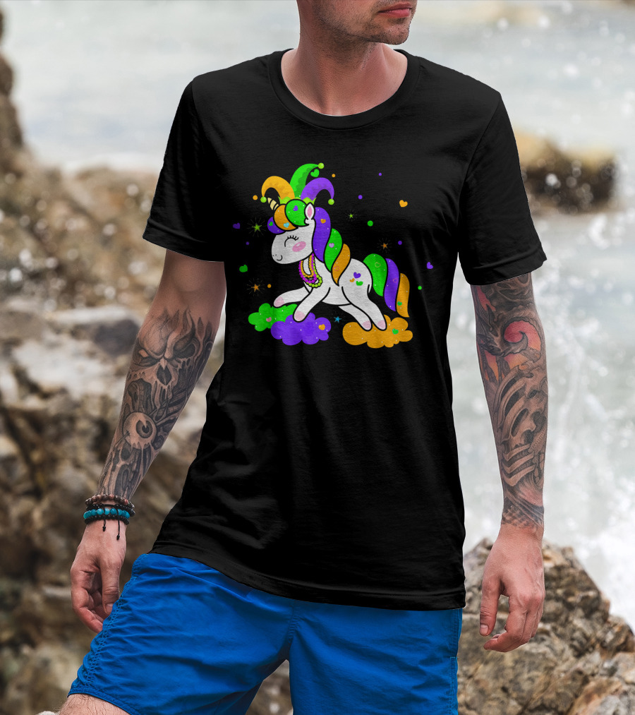 Unicorn Mardi Gras Party Rainbow Mask Beads T-Shirt
