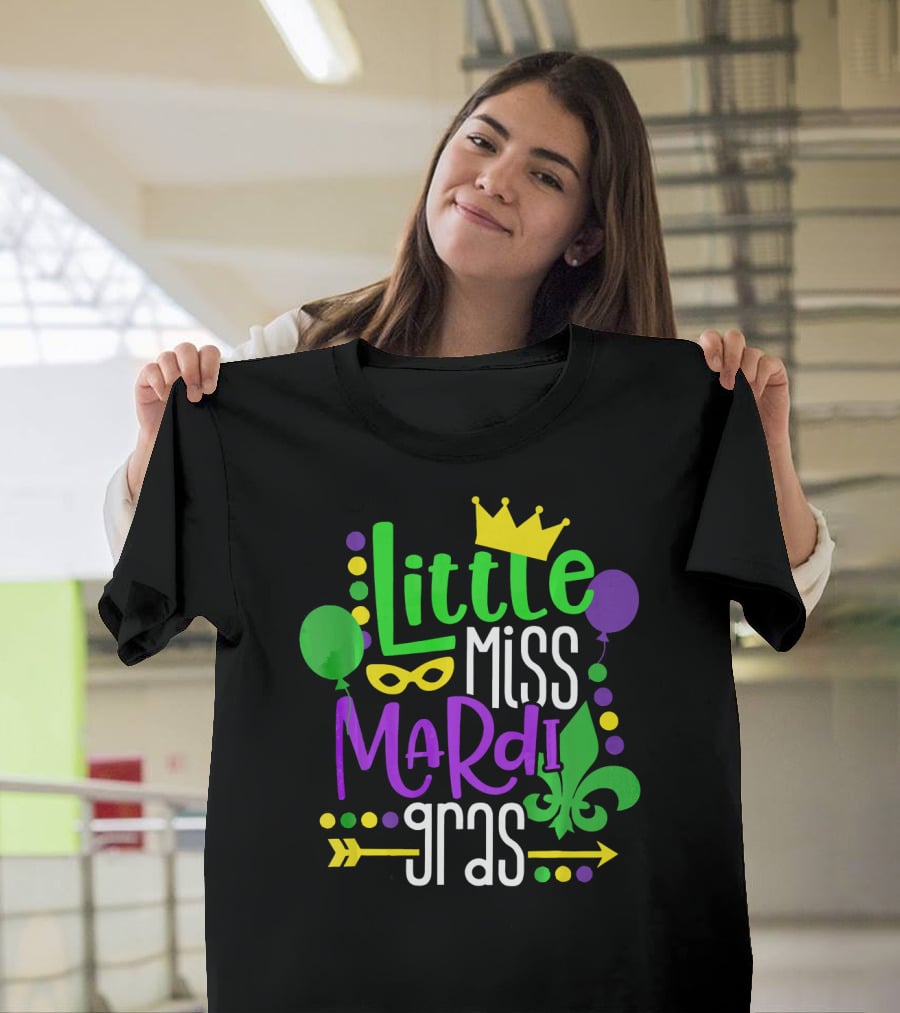 Little Miss Mardi Gras Crown Balloons Mask Fleur De Lis T-Shirt
