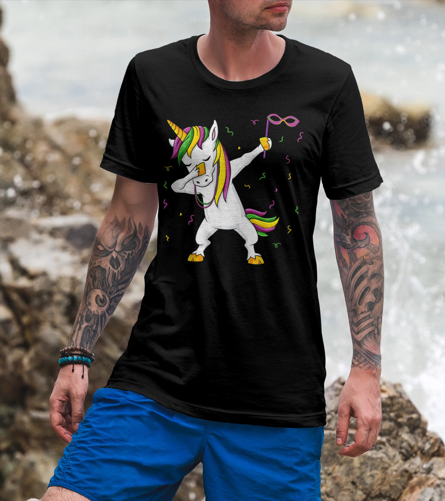 Dabbing Unicorn Mardi Gras Mask Colorful Fun Girls T-Shirt