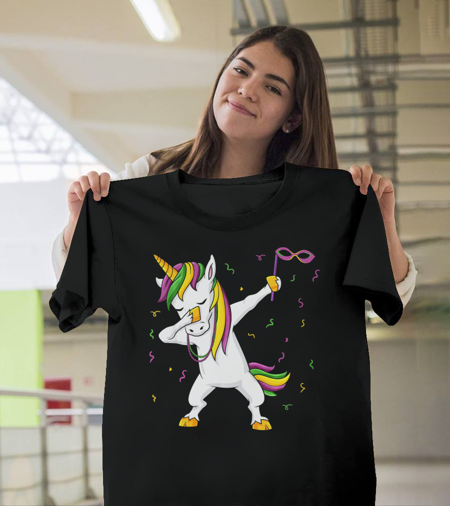 Dabbing Unicorn Mardi Gras Mask Colorful Fun Girls T-Shirt