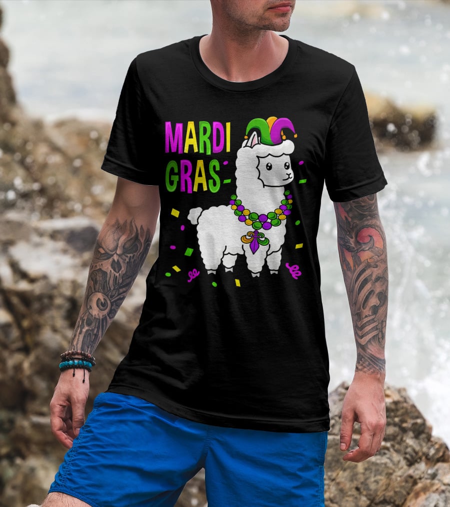 Mardi Gras Llama Jester New Orleans Beads Confetti T-Shirt