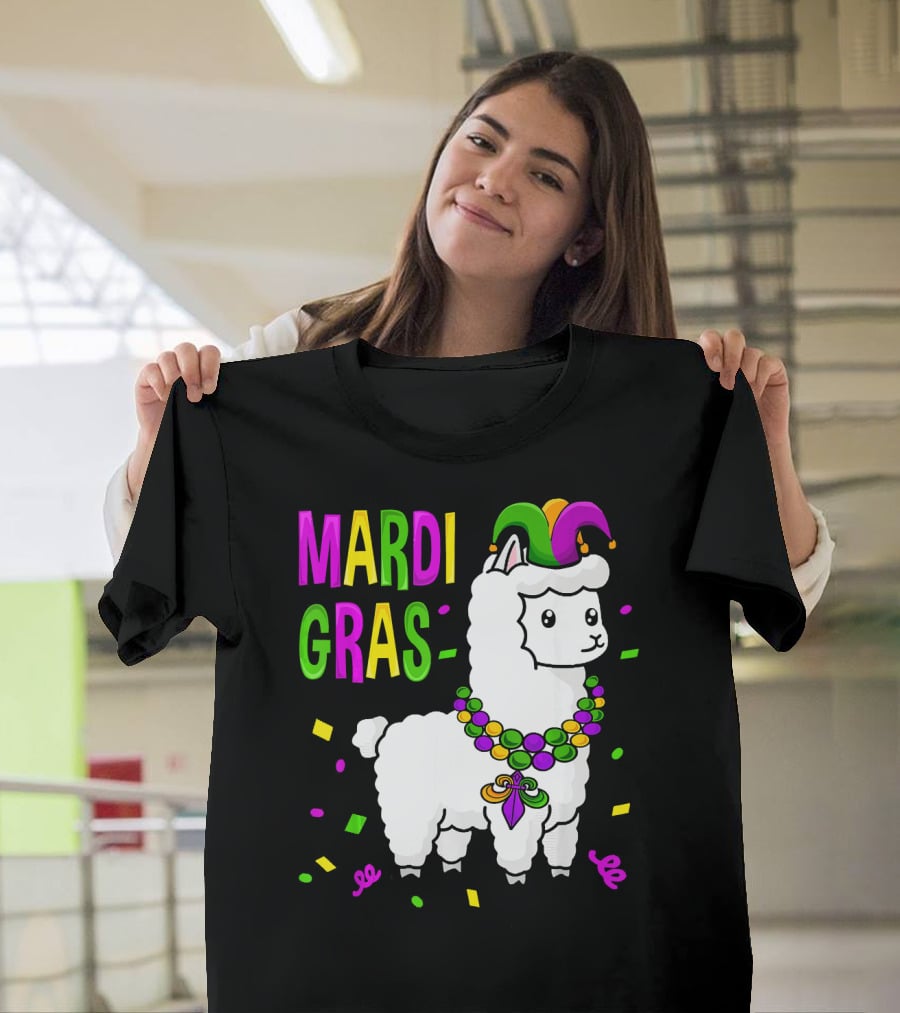 Mardi Gras Llama Jester New Orleans Beads Confetti T-Shirt