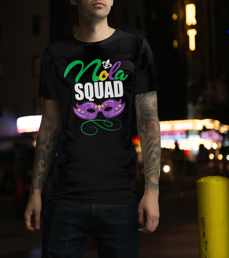 Nola Squad Mardi Gras New Orleans Purple Mask Fleur-de-Lis T-Shirt