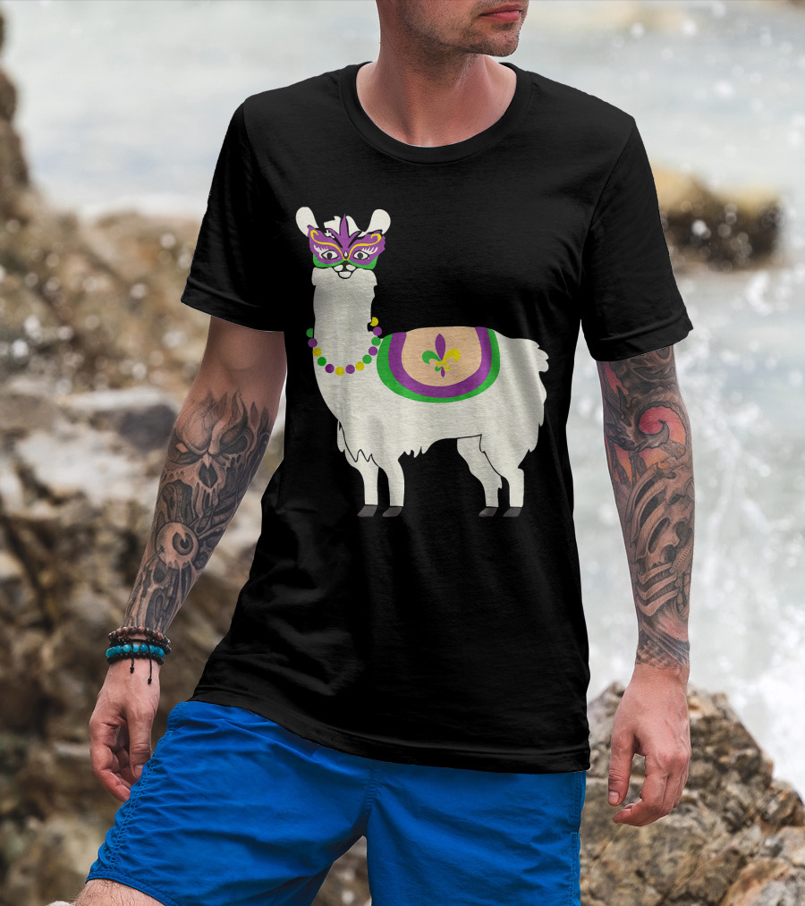 Mardi Gras Llama With Fleur-de-Lis Beads And Mask For Funny Carnival Party T-Shirt