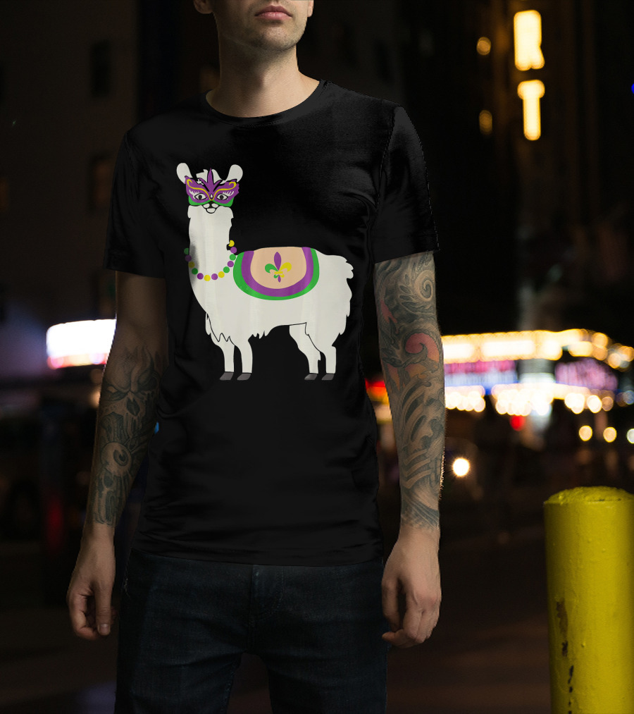Mardi Gras Llama With Fleur-de-Lis Beads And Mask For Funny Carnival Party T-Shirt