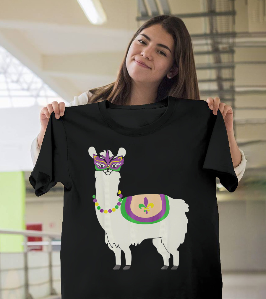 Mardi Gras Llama With Fleur-de-Lis Beads And Mask For Funny Carnival Party T-Shirt