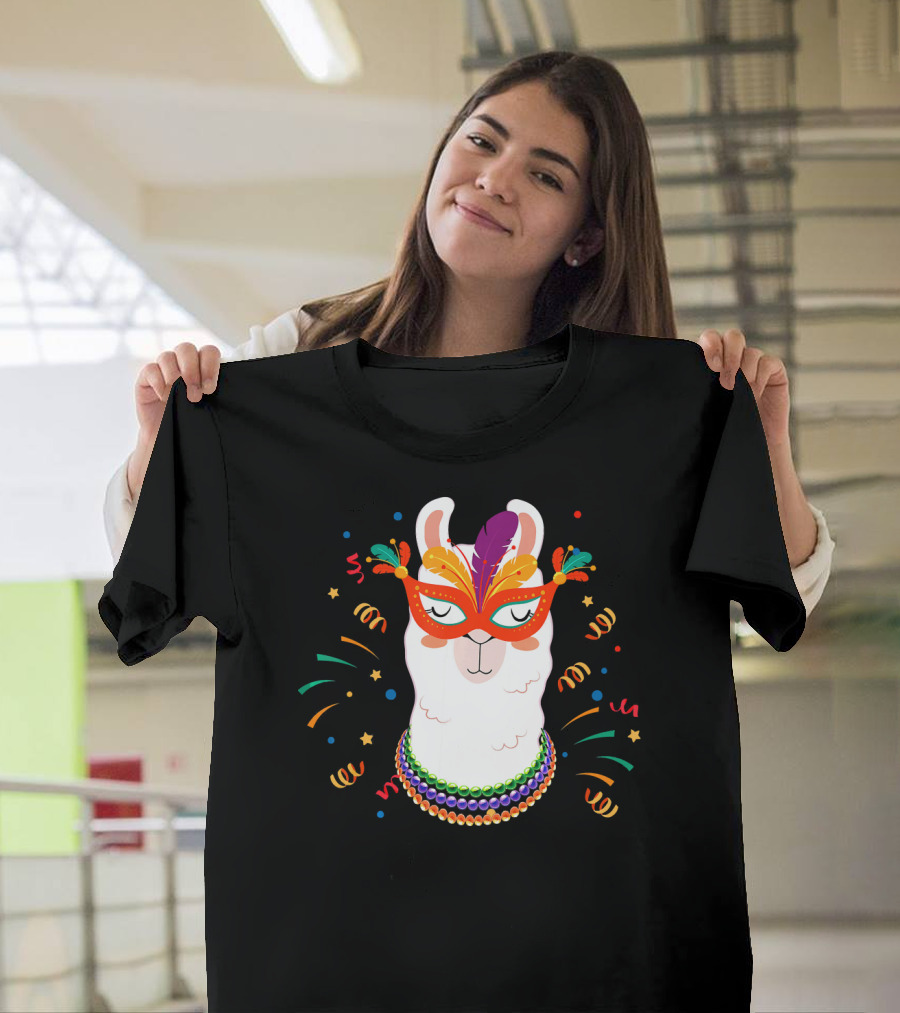 Llama Mardi Gras Mask Beads Festive T-Shirt