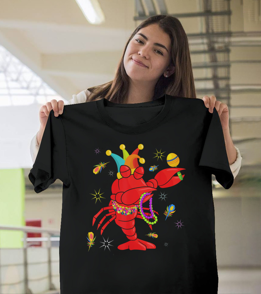 Mardi Gras Crawfish Dabbing Jester Hat Beads Feathers T-Shirt