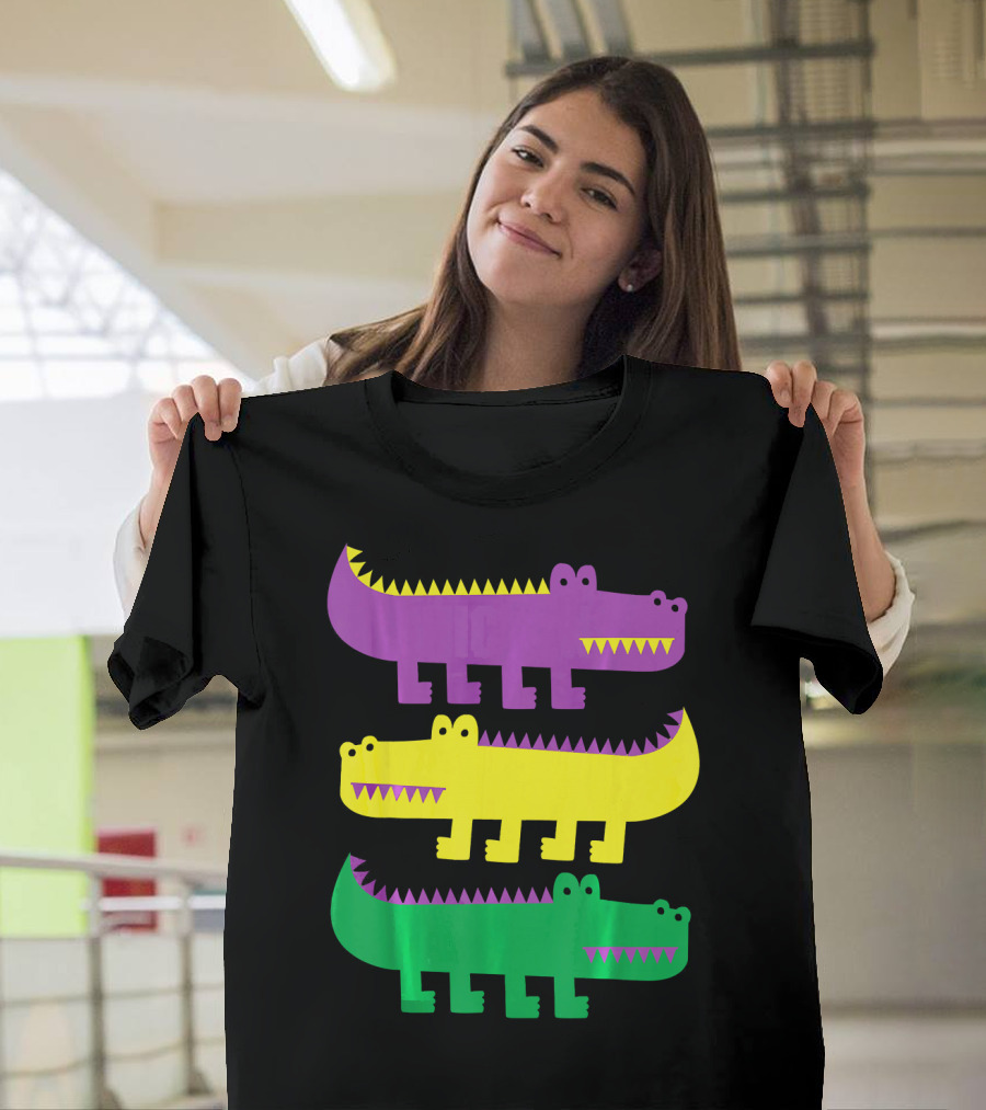 Mardi Gras Happy Alligator Crocodile Fun Purple Yellow Green Trio T-Shirt