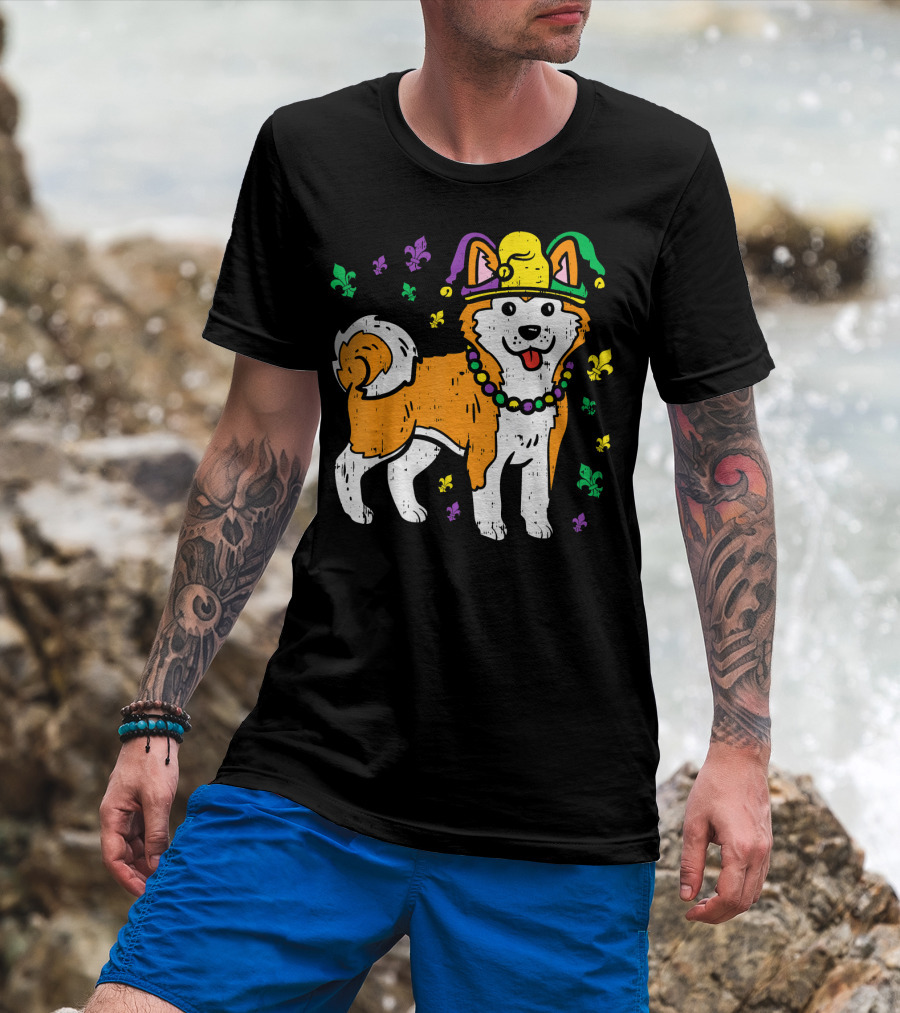 Jester Shiba Inu Akita Japanese Dog Mardi Gras Fleur-de-Lis T-Shirt