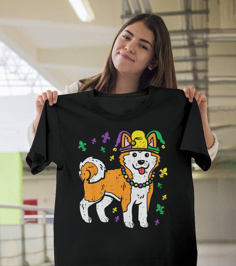 Jester Shiba Inu Akita Japanese Dog Mardi Gras Fleur-de-Lis T-Shirt