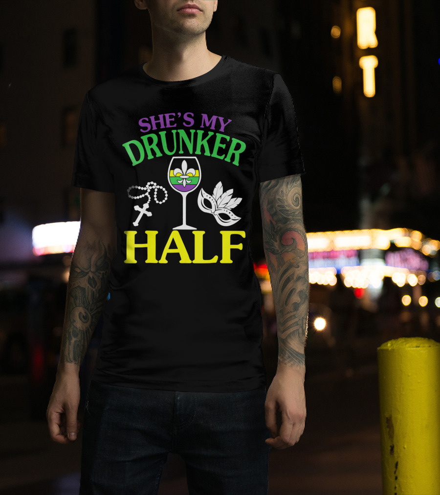SHE'S MY DRUNKER HALF Fleur-de-Lis Wine Glass Beads Mask T-Shirt