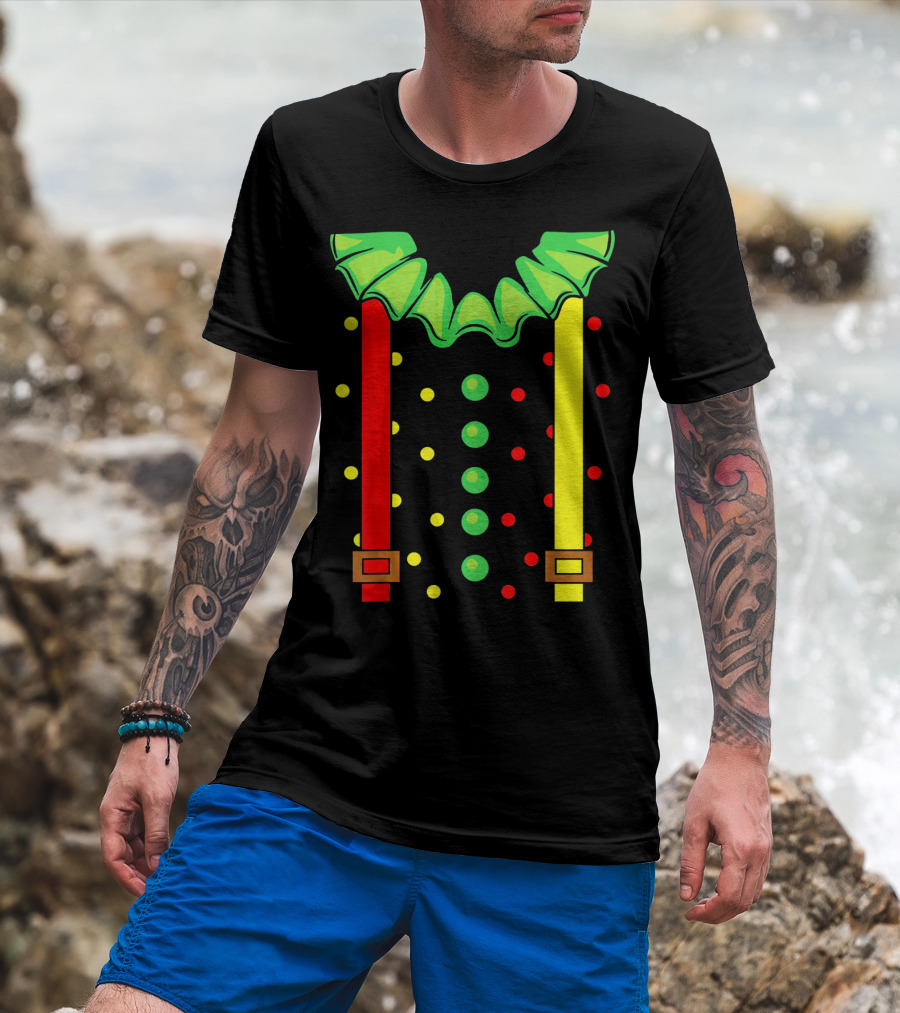 Funny Red And Yellow Suspenders With Green Jester Collar Clown T-Shirt