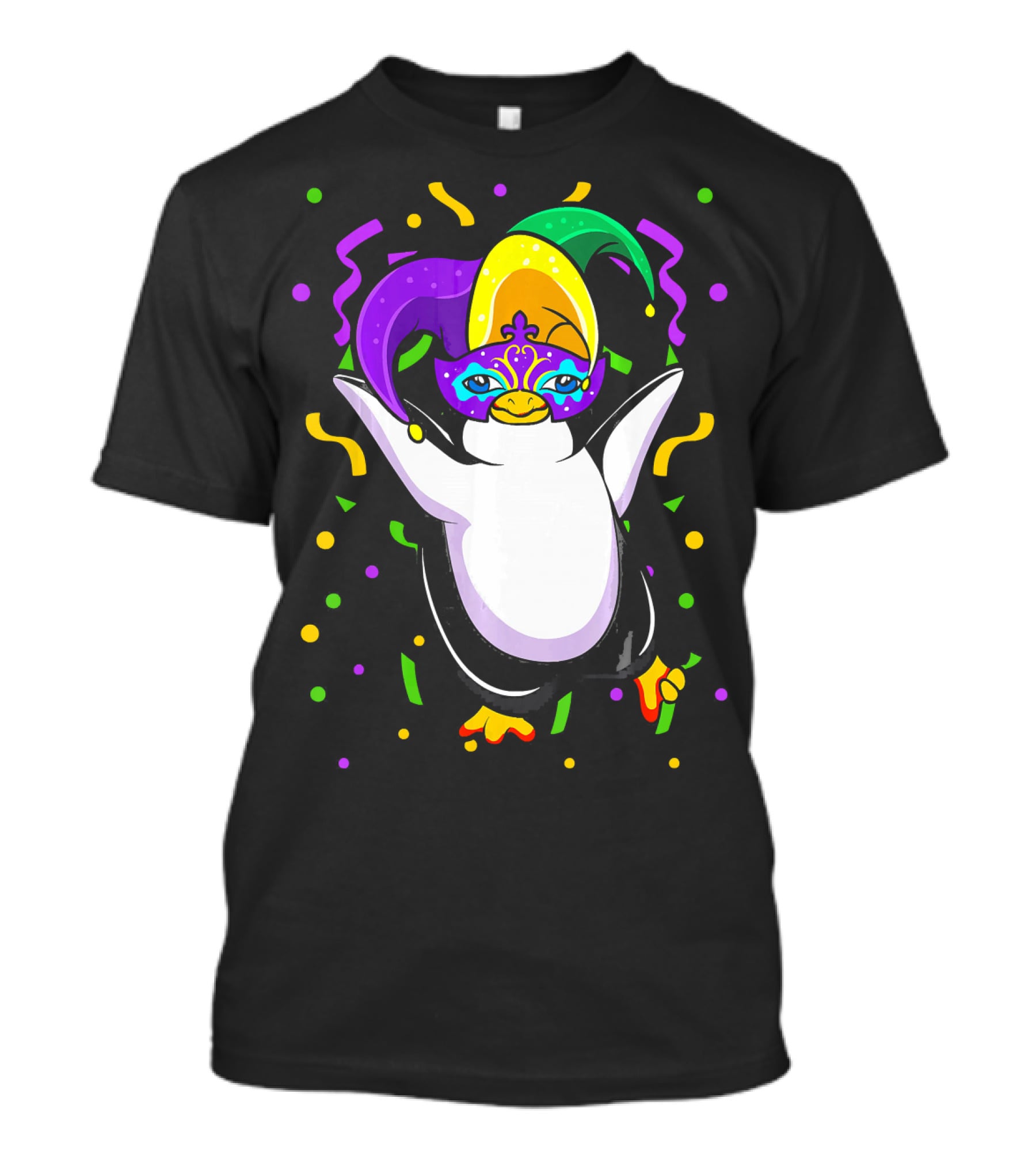 Mardi Gras Penguin With Colorful Jester Hat And Mask T-Shirt