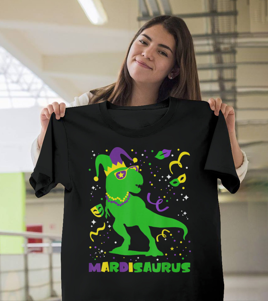 Mardi Gras Dinosaur Mardisaurus Jester Hat Beads Masks Party T-Shirt