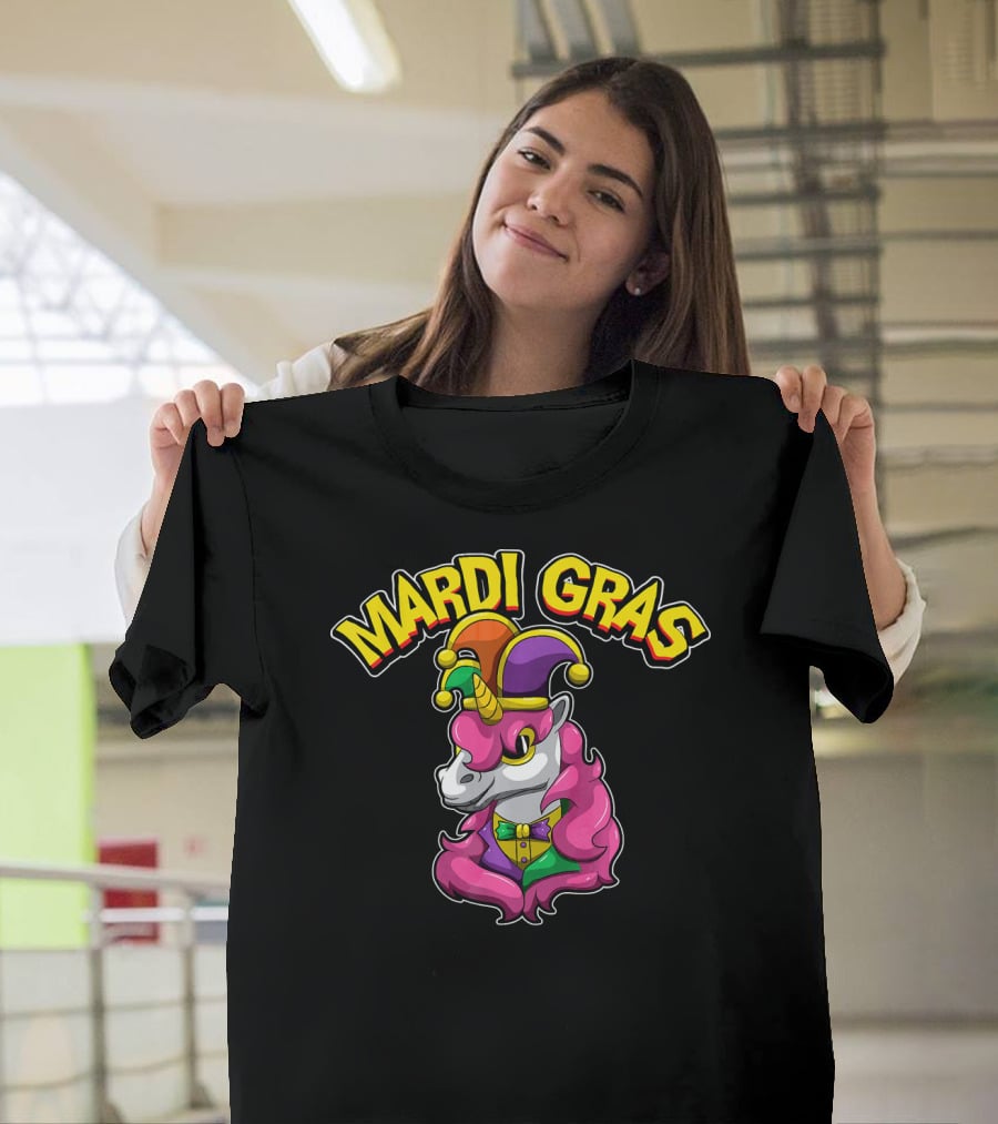 Mardi Gras Unicorn In Jester Hat With Colorful Costume T-Shirt