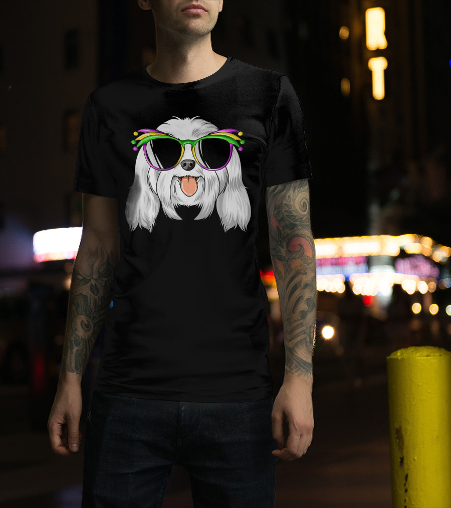 Maltese Dog With Mardi Gras Carnival Mask And Sunglasses T-Shirt