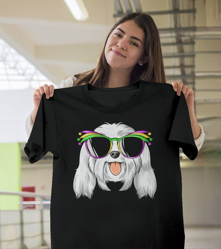 Maltese Dog With Mardi Gras Carnival Mask And Sunglasses T-Shirt
