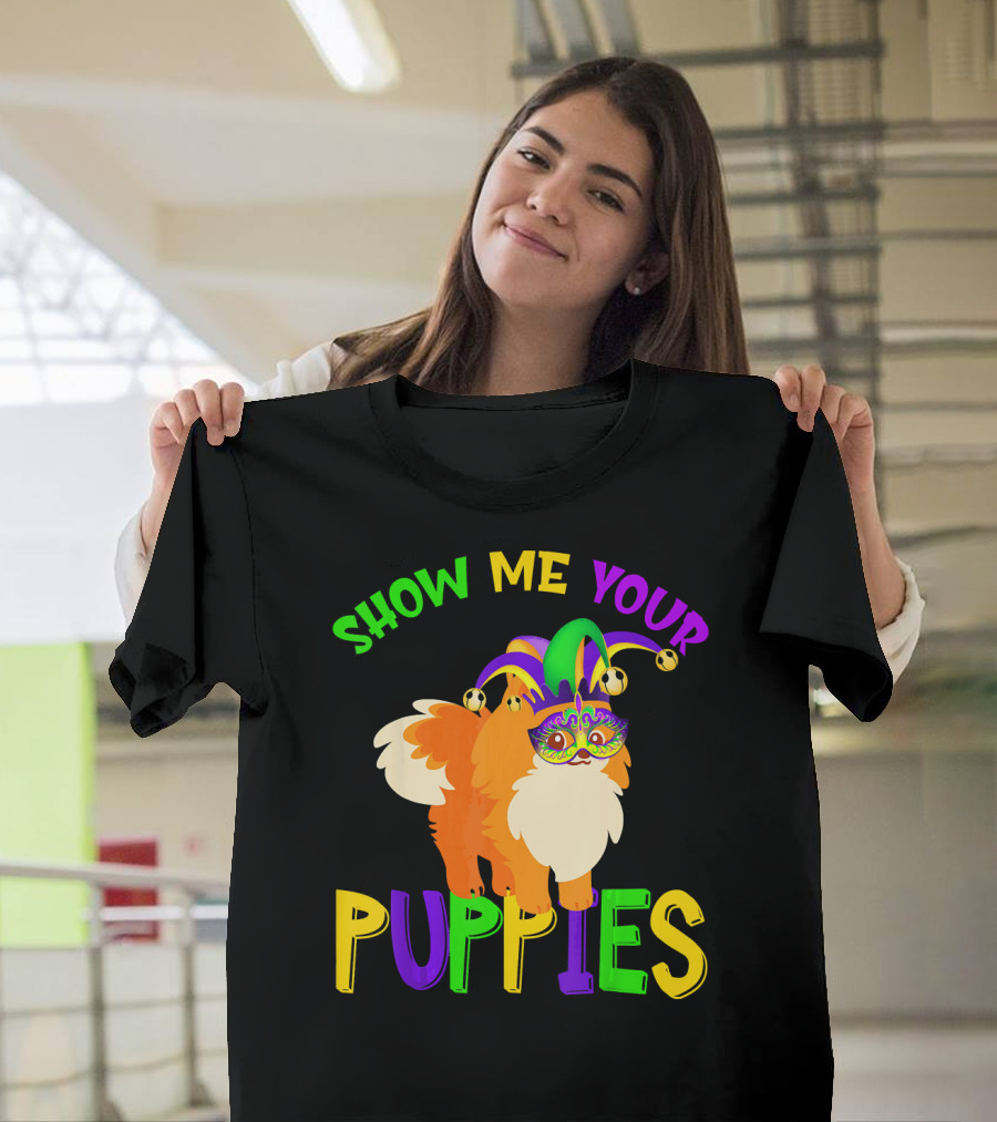 Show Me Your Puppies Pomeranian Jester Mask Colorful Fun T-Shirt