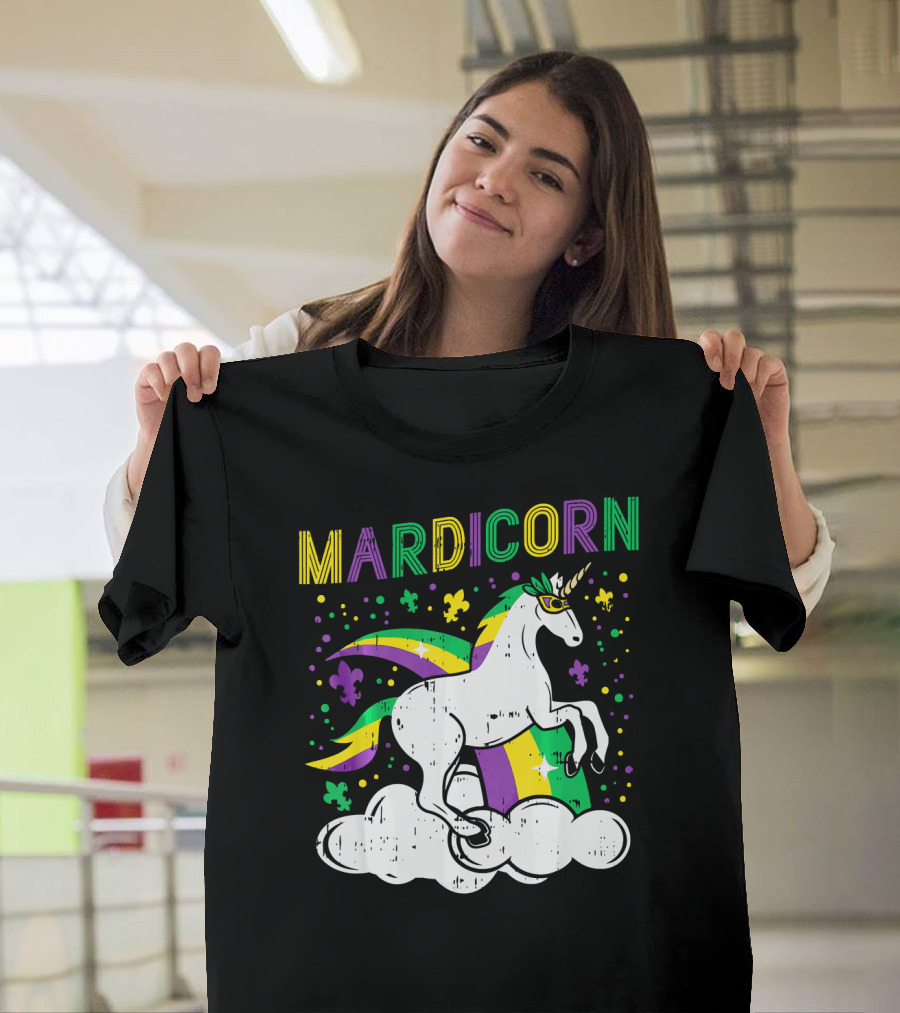 Mardicorn Retro Unicorn Jester Animal Mardi Gras Fleur-de-Lis Clouds T-Shirt