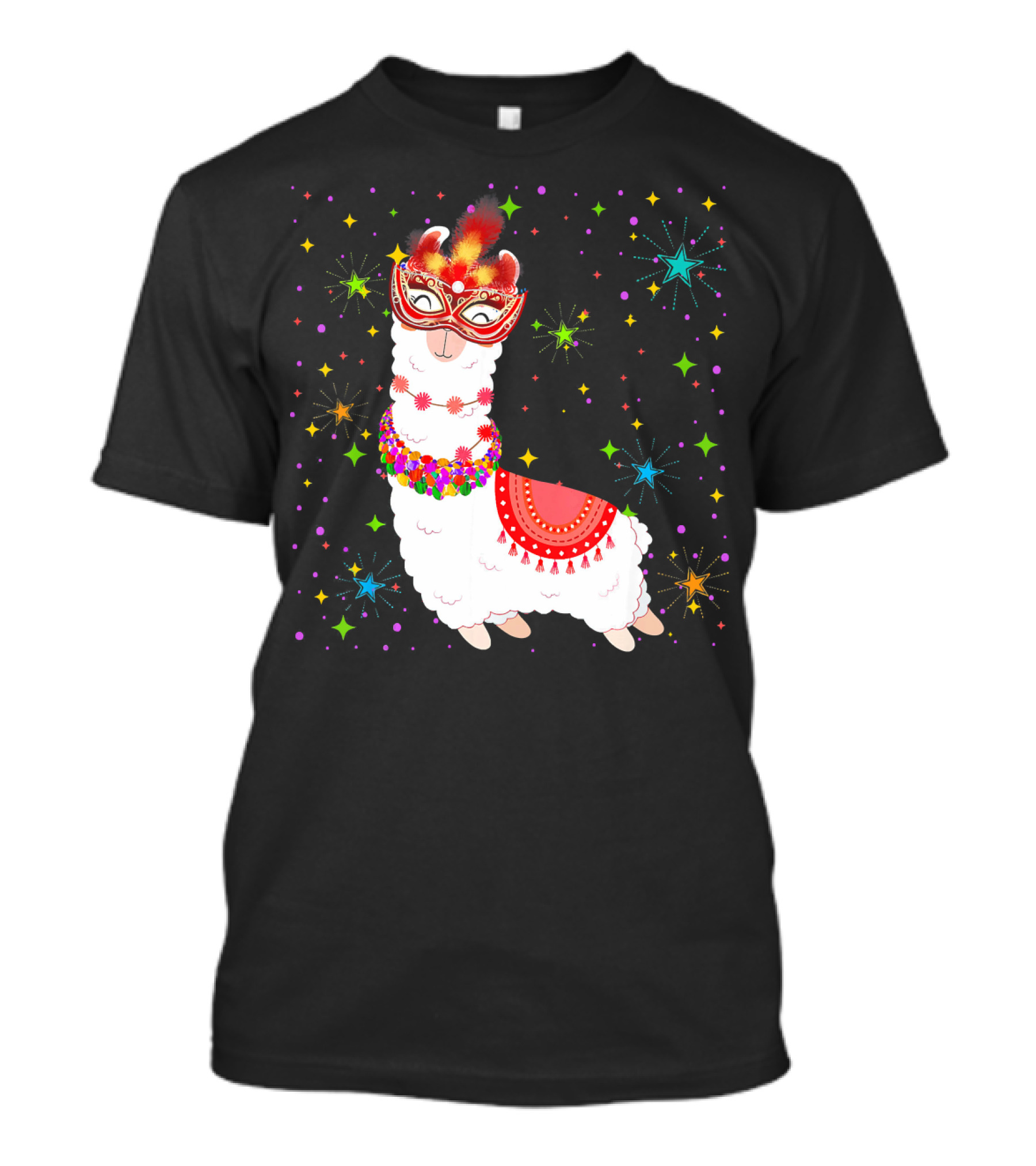 Llama Mardi Gras Mask Beads Colorful Festive Stars T-Shirt