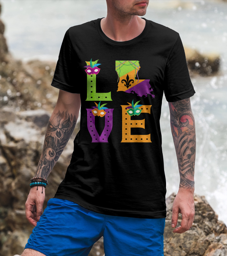 Love Mardi Gras Louisiana Fleur-de-lis Mask Beads T-Shirt