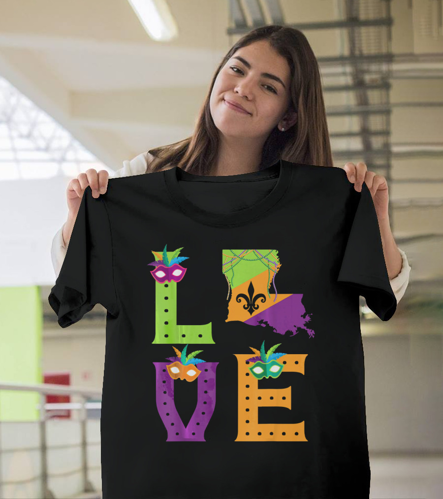 Love Mardi Gras Louisiana Fleur-de-lis Mask Beads T-Shirt