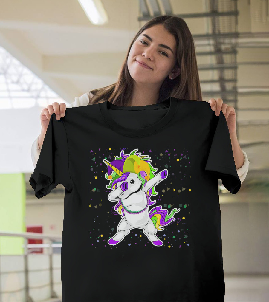 Mardi Gras Unicorn Party Mask Floss Dance T-Shirt
